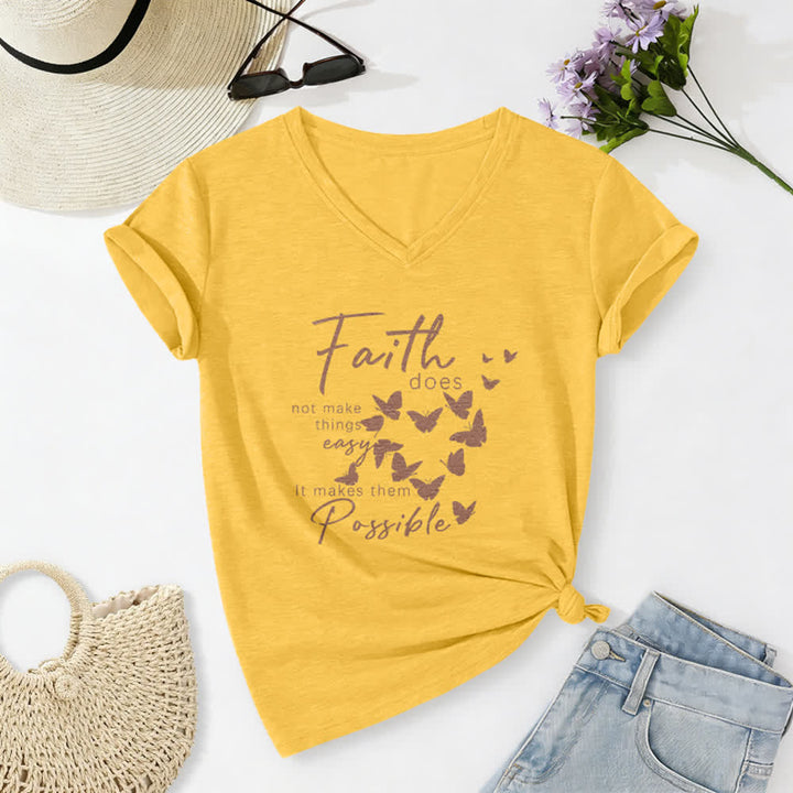 Christianartworkshop Faith Does Not Make Things Easy Butterfly Letter Print Casual V-neck T-shirt - Yellow - 2XL - image 24