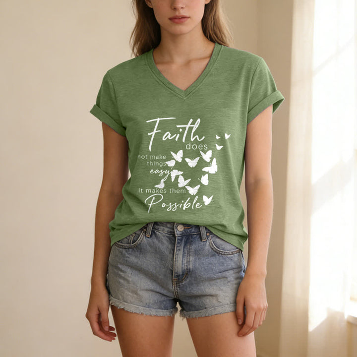 Christianartworkshop Faith Does Not Make Things Easy Butterfly Letter Print Casual V-neck T-shirt - image 7