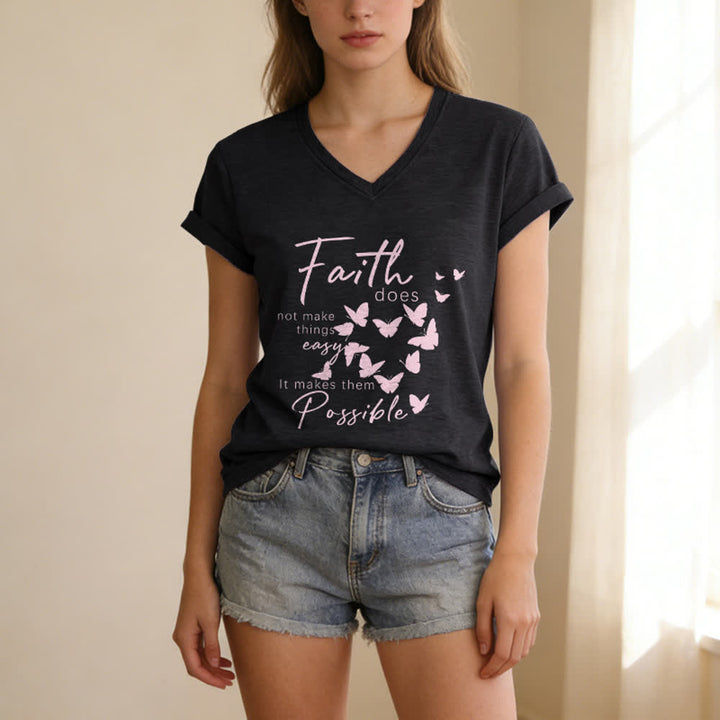 Christianartworkshop Faith Does Not Make Things Easy Butterfly Letter Print Casual V-neck T-shirt - image 13