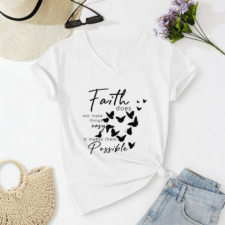 Christianartworkshop Faith Does Not Make Things Easy Butterfly Letter Print Casual V-neck T-shirt - White - 2XL - image 2