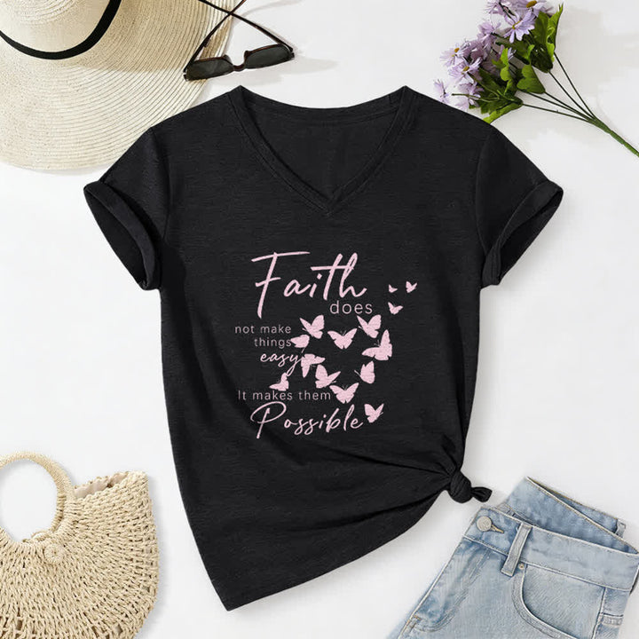 Christianartworkshop Faith Does Not Make Things Easy Butterfly Letter Print Casual V-neck T-shirt - Black - 2XL - image 12