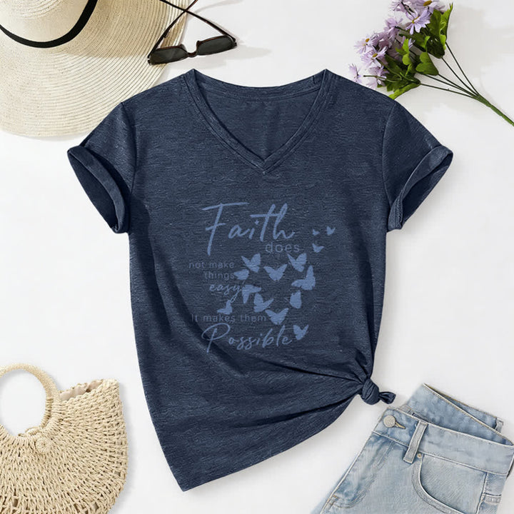 Christianartworkshop Faith Does Not Make Things Easy Butterfly Letter Print Casual V-neck T-shirt - Navy Blue - 2XL - image 8