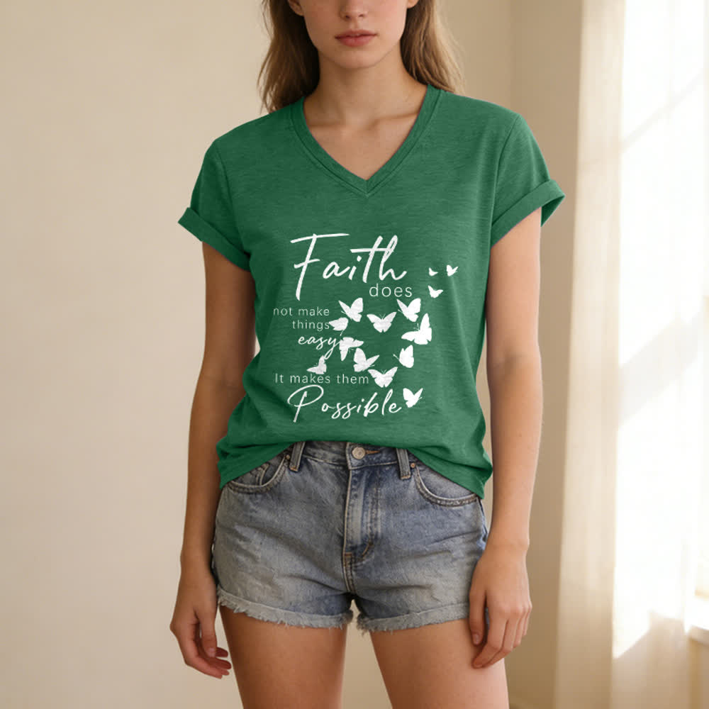 Christianartworkshop Faith Does Not Make Things Easy Butterfly Letter Print Casual V-neck T-shirt - image 11
