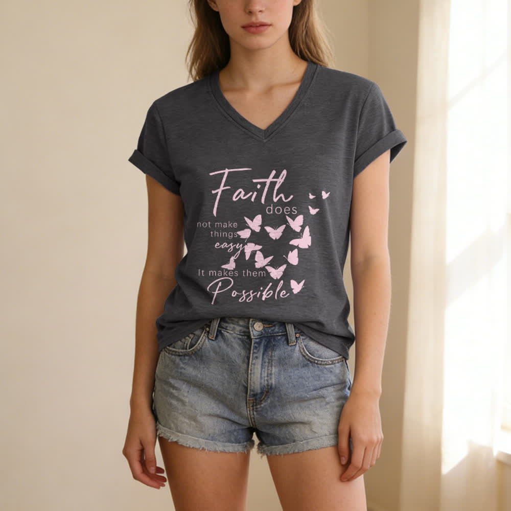 Christianartworkshop Faith Does Not Make Things Easy Butterfly Letter Print Casual V-neck T-shirt - image 5