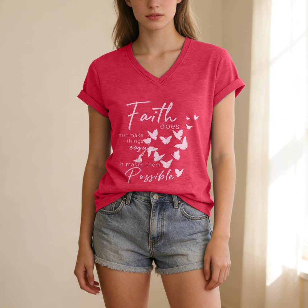 Christianartworkshop Faith Does Not Make Things Easy Butterfly Letter Print Casual V-neck T-shirt - image 15