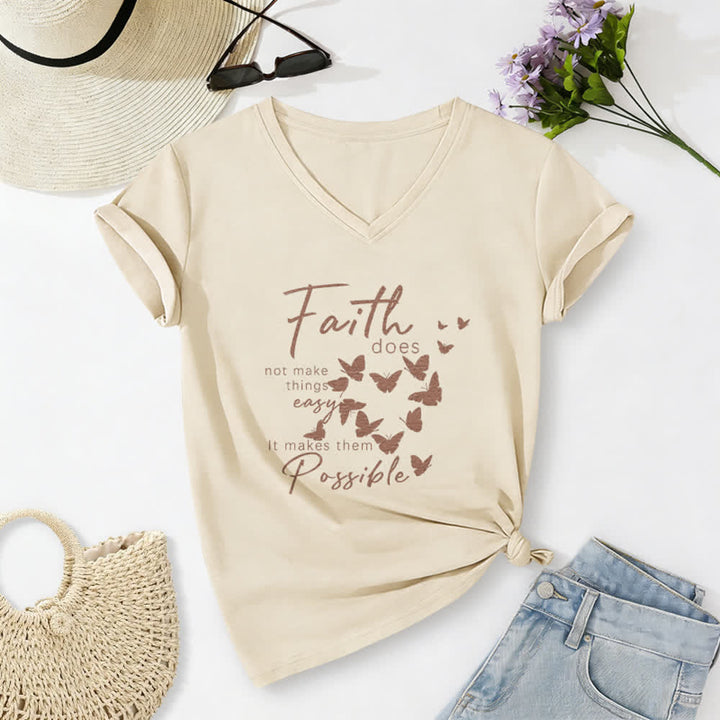 Christianartworkshop Faith Does Not Make Things Easy Butterfly Letter Print Casual V-neck T-shirt - Beige - 2XL - image 0