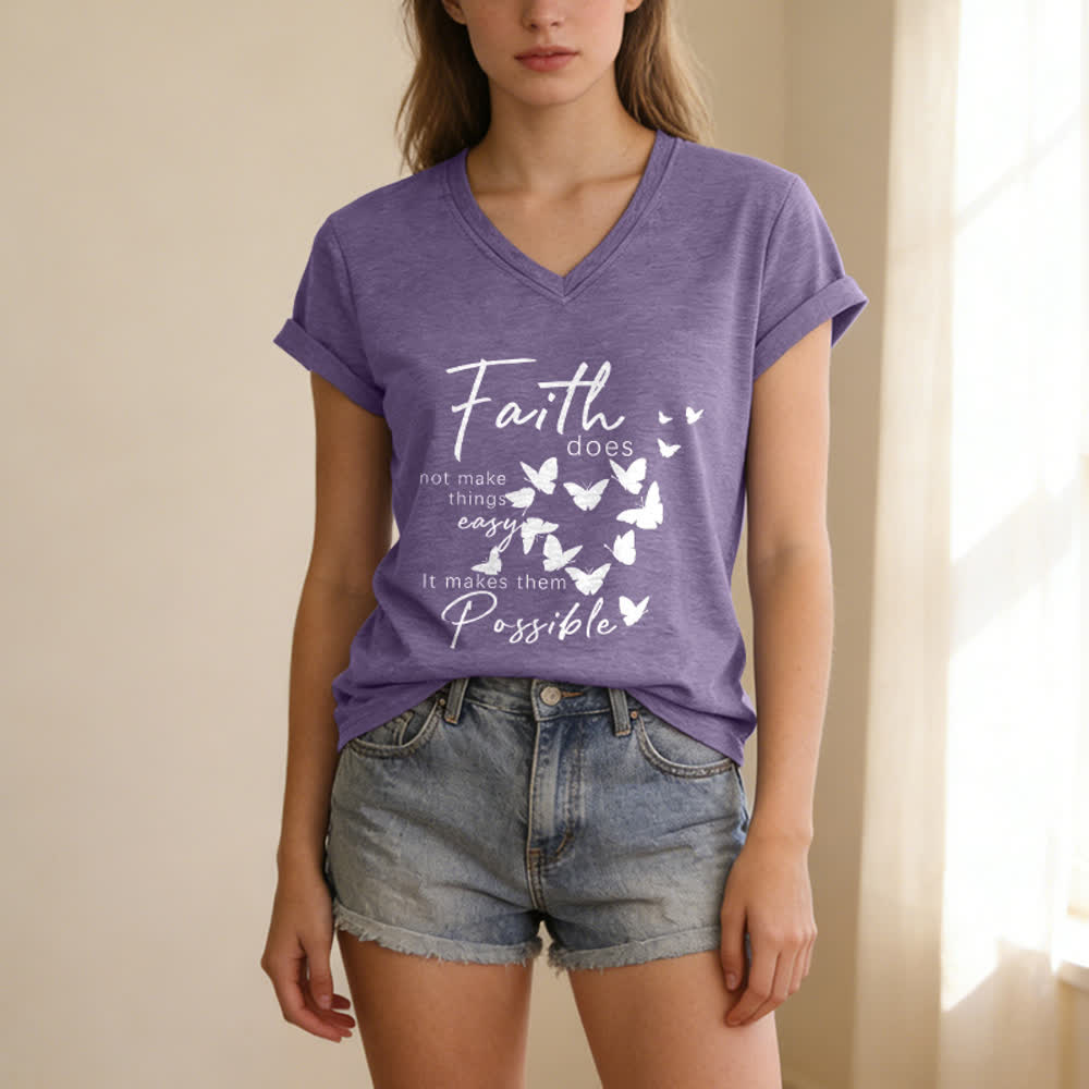 Christianartworkshop Faith Does Not Make Things Easy Butterfly Letter Print Casual V-neck T-shirt - image 17