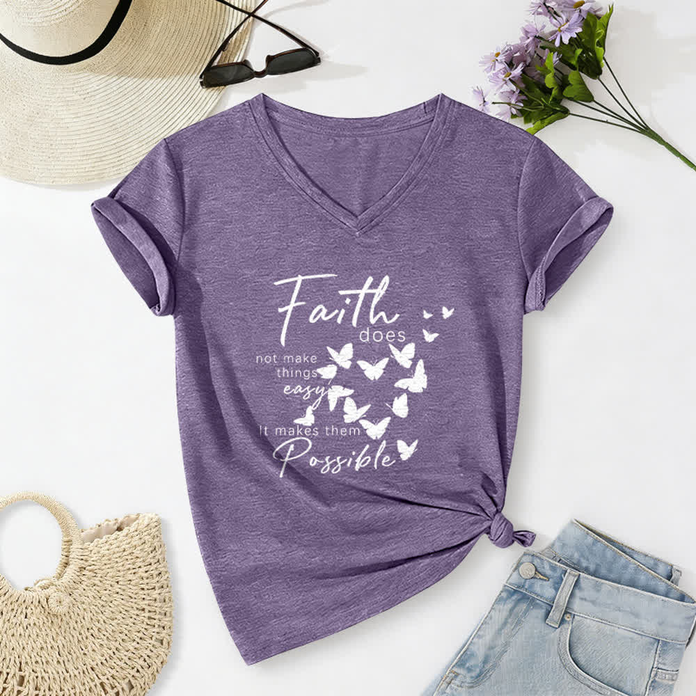 Christianartworkshop Faith Does Not Make Things Easy Butterfly Letter Print Casual V-neck T-shirt - Purple - 2XL - image 16