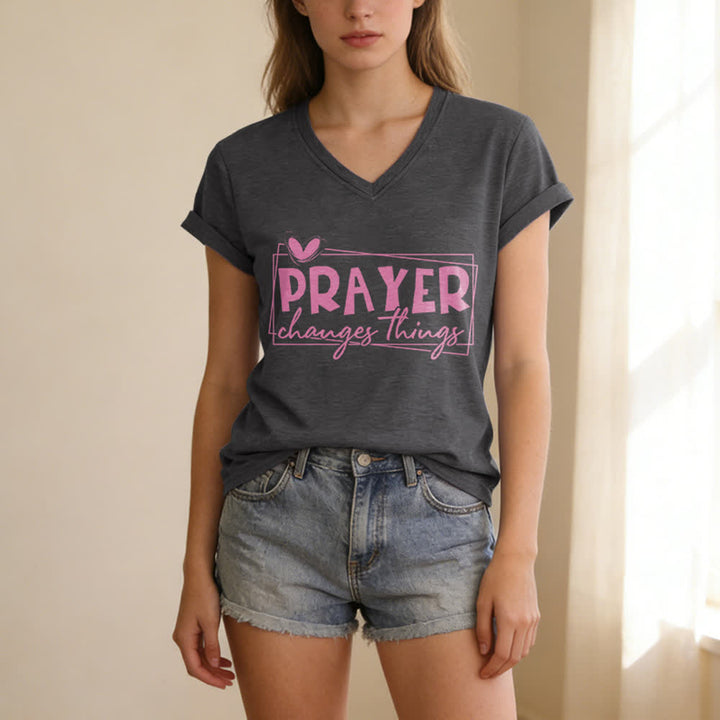 Christianartworkshop Prayer Changes Things Heart Letter Print Casual V-neck T-shirt - image 1