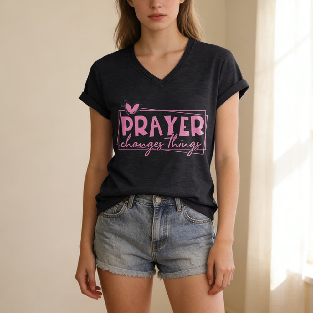 Christianartworkshop Prayer Changes Things Heart Letter Print Casual V-neck T-shirt - image 13
