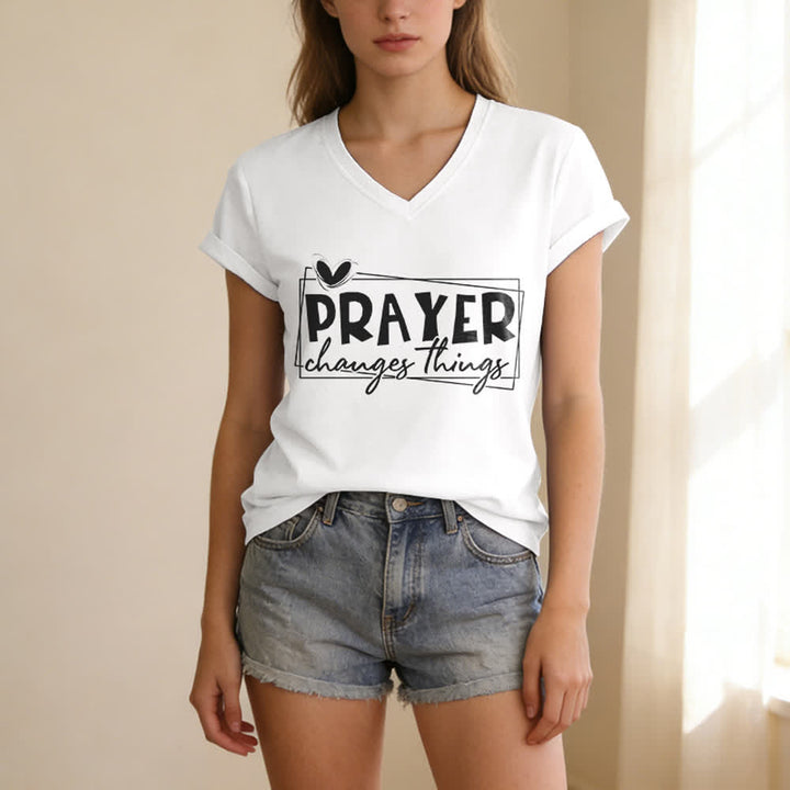 Christianartworkshop Prayer Changes Things Heart Letter Print Casual V-neck T-shirt - image 5