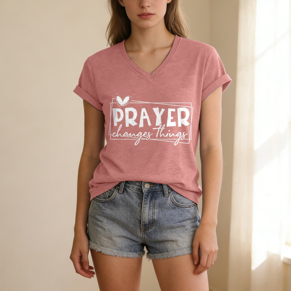 Christianartworkshop Prayer Changes Things Heart Letter Print Casual V-neck T-shirt - image 19