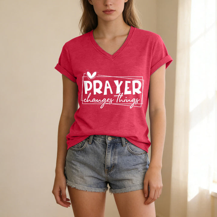 Christianartworkshop Prayer Changes Things Heart Letter Print Casual V-neck T-shirt - image 15