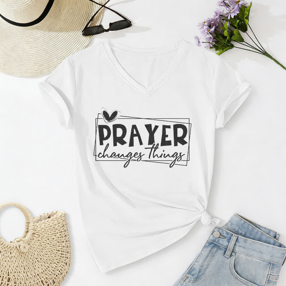 Christianartworkshop Prayer Changes Things Heart Letter Print Casual V-neck T-shirt - White - 2XL - image 4