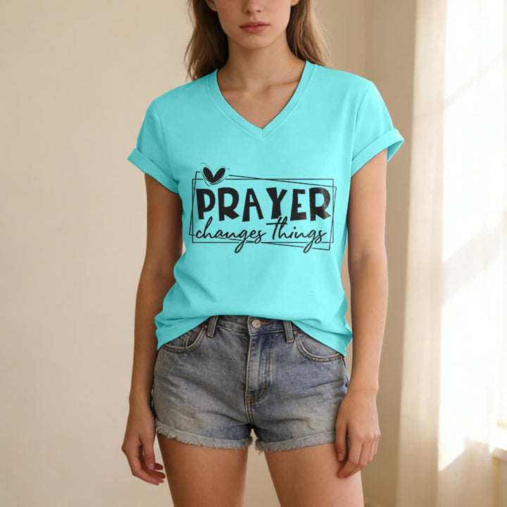 Christianartworkshop Prayer Changes Things Heart Letter Print Casual V-neck T-shirt - image 21