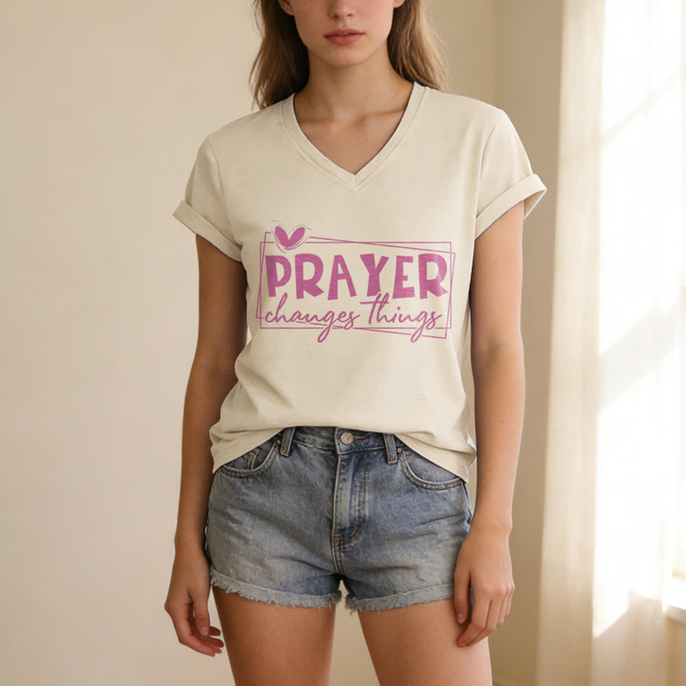 Christianartworkshop Prayer Changes Things Heart Letter Print Casual V-neck T-shirt - image 3