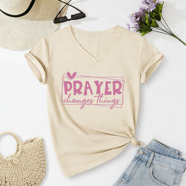 Christianartworkshop Prayer Changes Things Heart Letter Print Casual V-neck T-shirt - Beige - 2XL - image 2