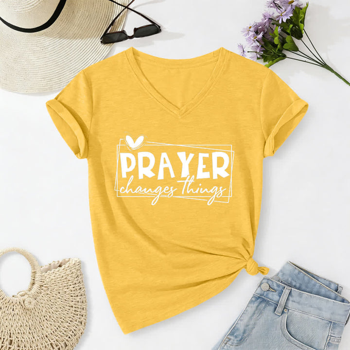 Christianartworkshop Prayer Changes Things Heart Letter Print Casual V-neck T-shirt - Yellow - 2XL - image 24