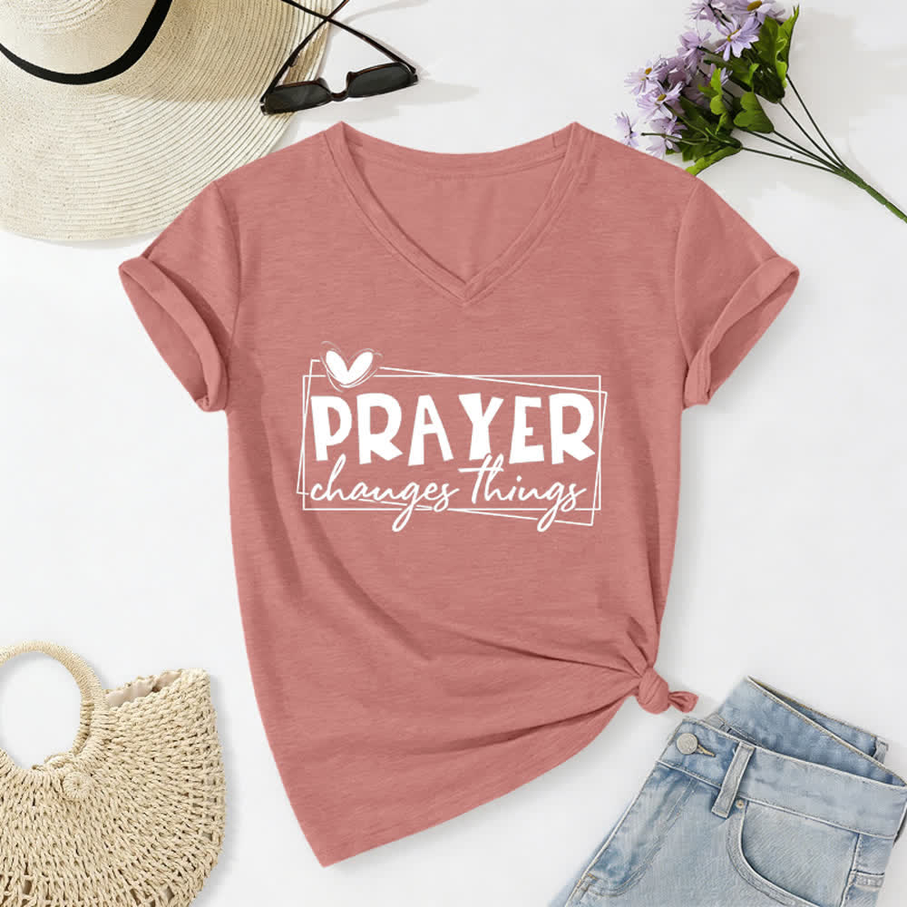 Christianartworkshop Prayer Changes Things Heart Letter Print Casual V-neck T-shirt - Light Pink - 2XL - image 18
