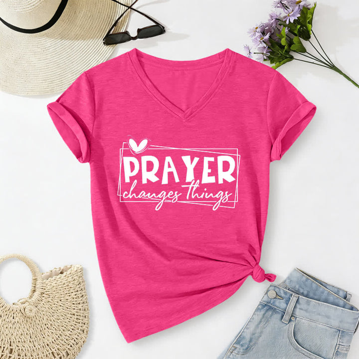 Christianartworkshop Prayer Changes Things Heart Letter Print Casual V-neck T-shirt - Rose - 2XL - image 22