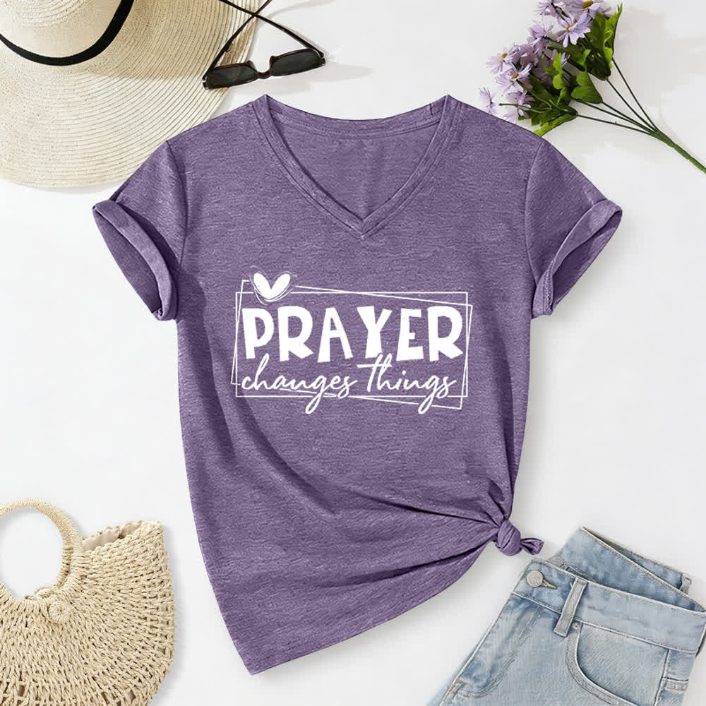 Christianartworkshop Prayer Changes Things Heart Letter Print Casual V-neck T-shirt - Purple - 2XL - image 16