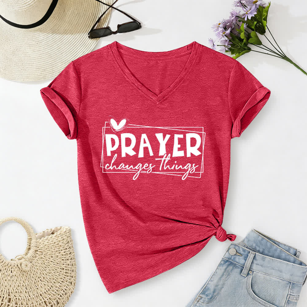 Christianartworkshop Prayer Changes Things Heart Letter Print Casual V-neck T-shirt - Red - 2XL - image 14
