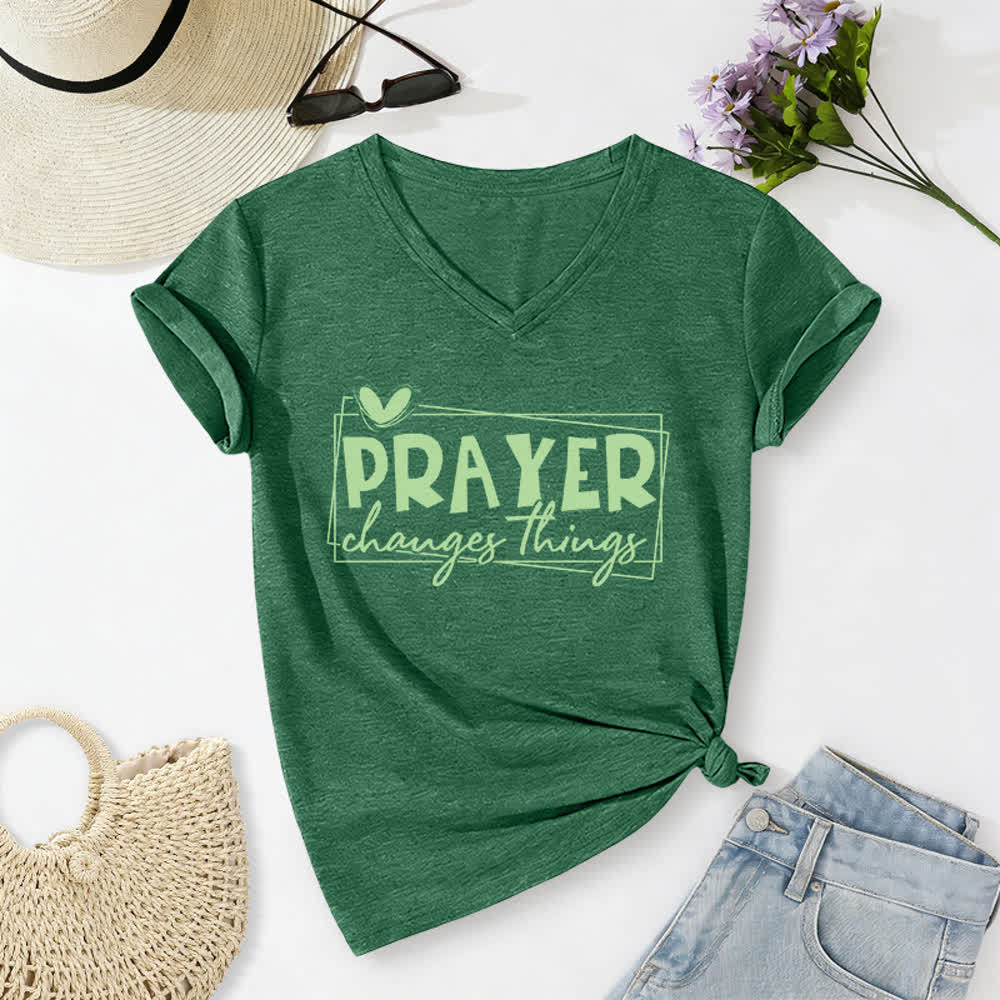 Christianartworkshop Prayer Changes Things Heart Letter Print Casual V-neck T-shirt - Dark Green - 2XL - image 10