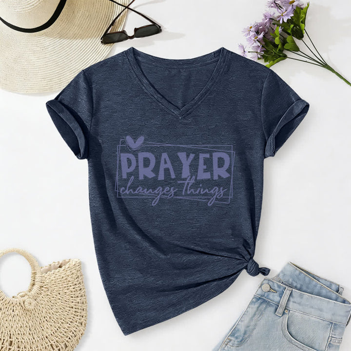 Christianartworkshop Prayer Changes Things Heart Letter Print Casual V-neck T-shirt - Navy Blue - 2XL - image 8