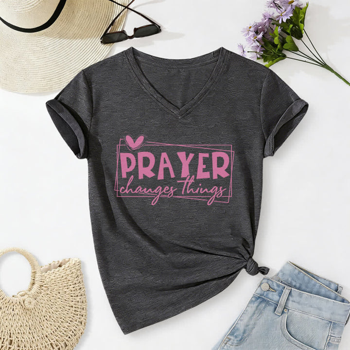 Christianartworkshop Prayer Changes Things Heart Letter Print Casual V-neck T-shirt - Dark Grey - 2XL - image 0