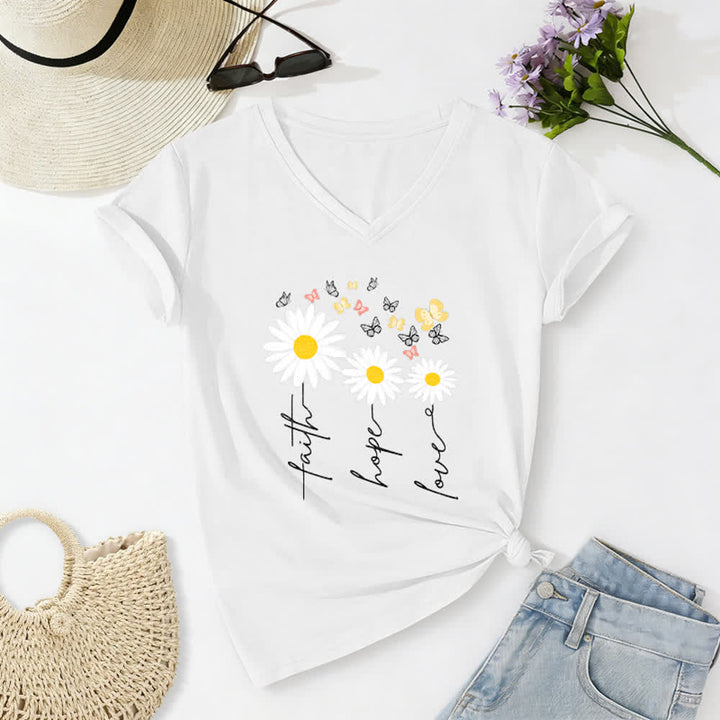 Christianartworkshop Faith Hope Love Daisy Butterfly Floral Print Casual V-neck T-shirt - White - 2XL - image 4