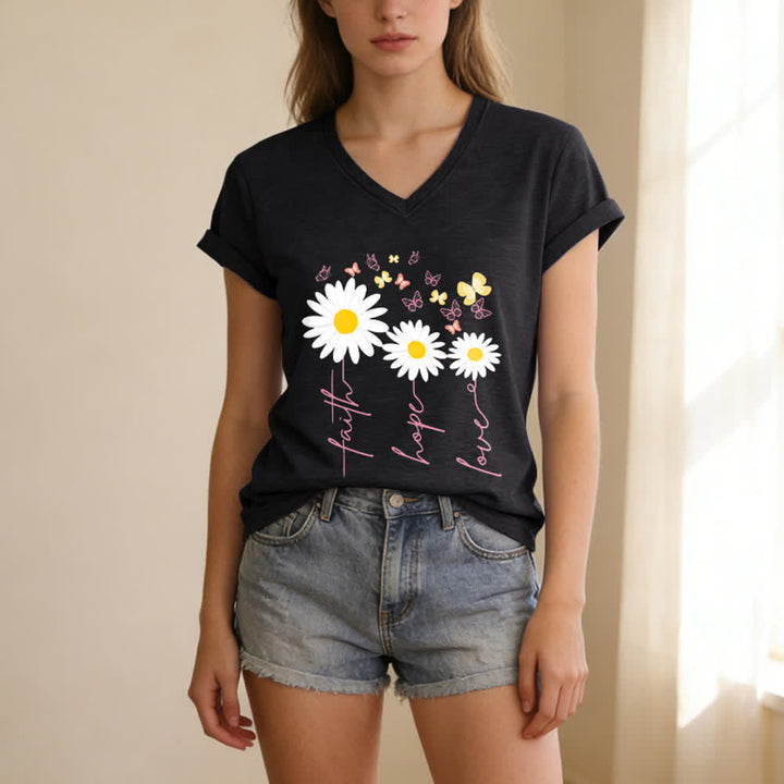 Christianartworkshop Faith Hope Love Daisy Butterfly Floral Print Casual V-neck T-shirt - image 15