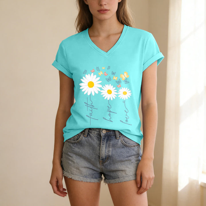 Christianartworkshop Faith Hope Love Daisy Butterfly Floral Print Casual V-neck T-shirt - image 21