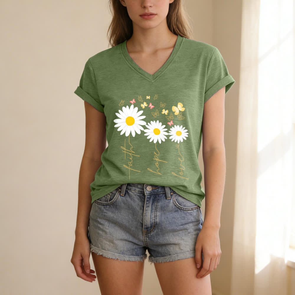Christianartworkshop Faith Hope Love Daisy Butterfly Floral Print Casual V-neck T-shirt - image 9