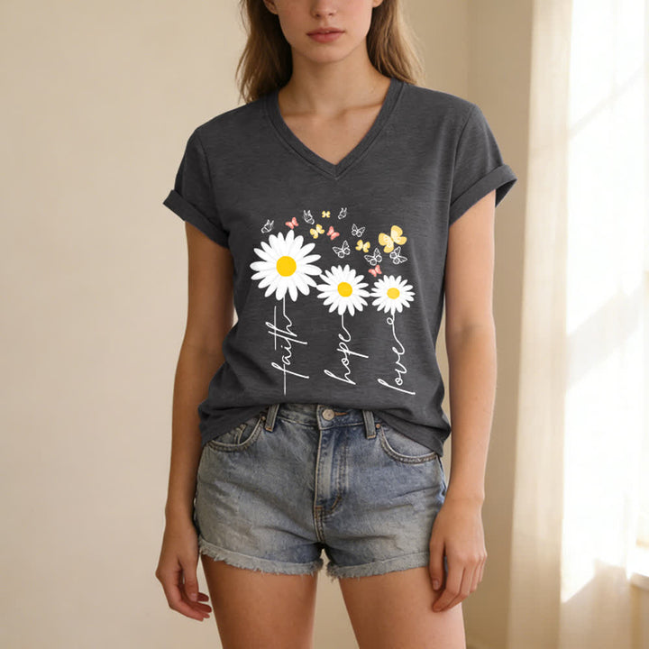 Christianartworkshop Faith Hope Love Daisy Butterfly Floral Print Casual V-neck T-shirt - image 7