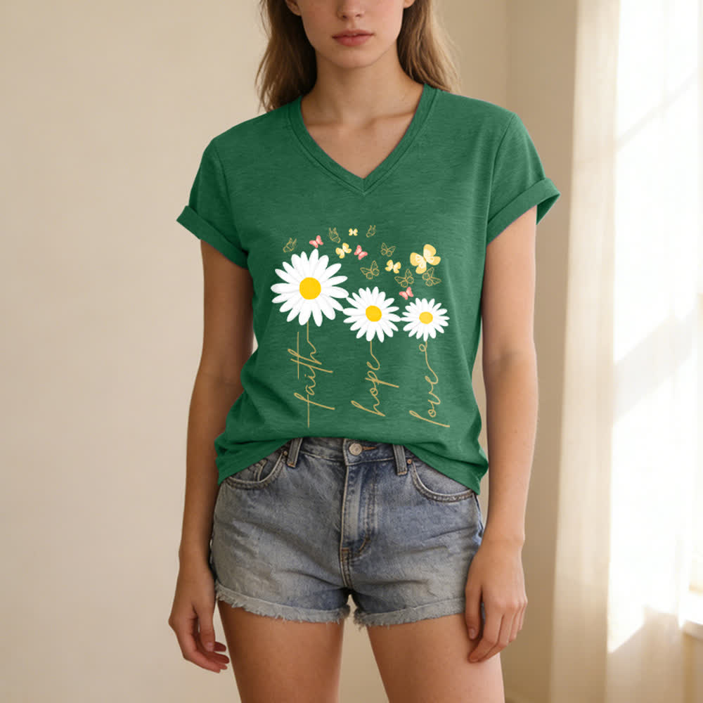 Christianartworkshop Faith Hope Love Daisy Butterfly Floral Print Casual V-neck T-shirt - image 13