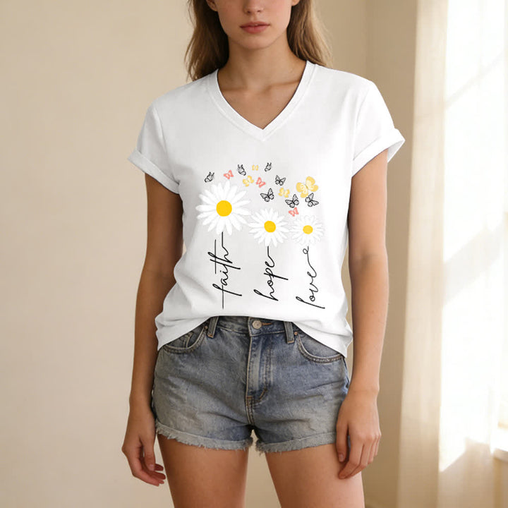 Christianartworkshop Faith Hope Love Daisy Butterfly Floral Print Casual V-neck T-shirt - image 5
