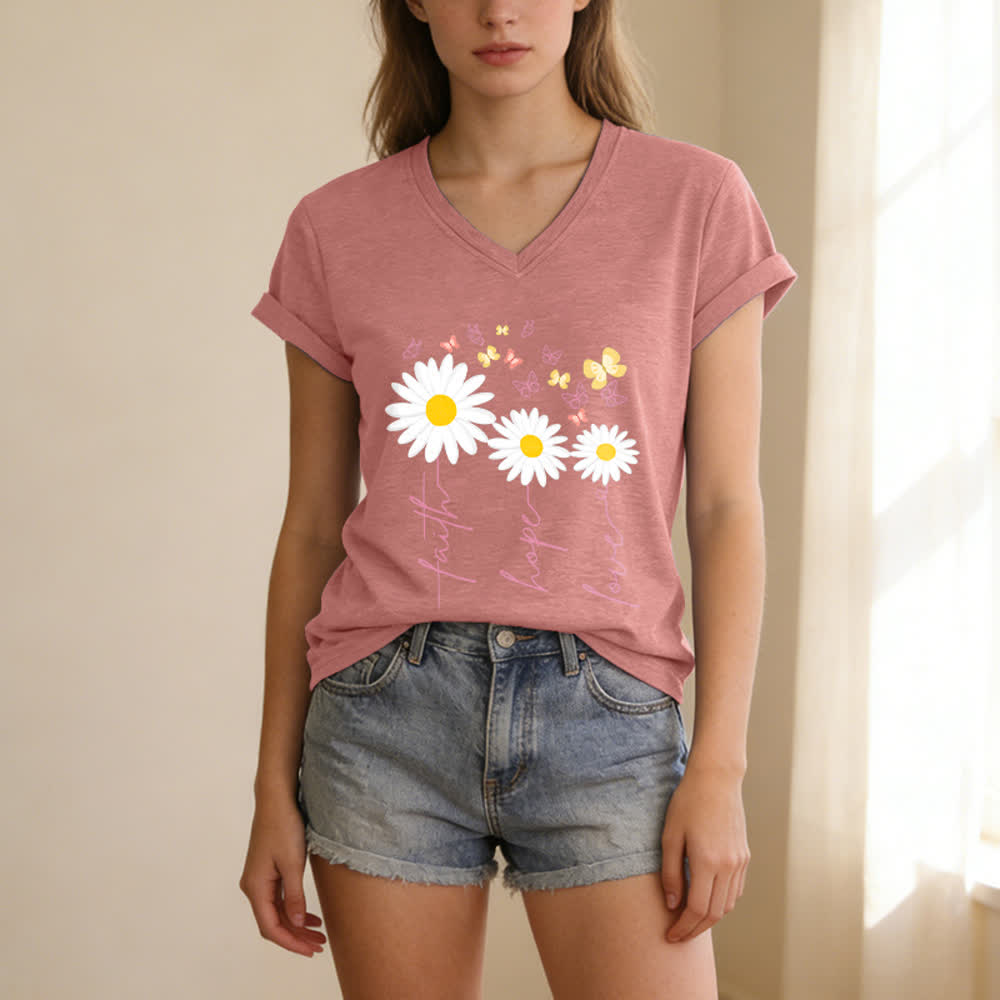 Christianartworkshop Faith Hope Love Daisy Butterfly Floral Print Casual V-neck T-shirt - image 19