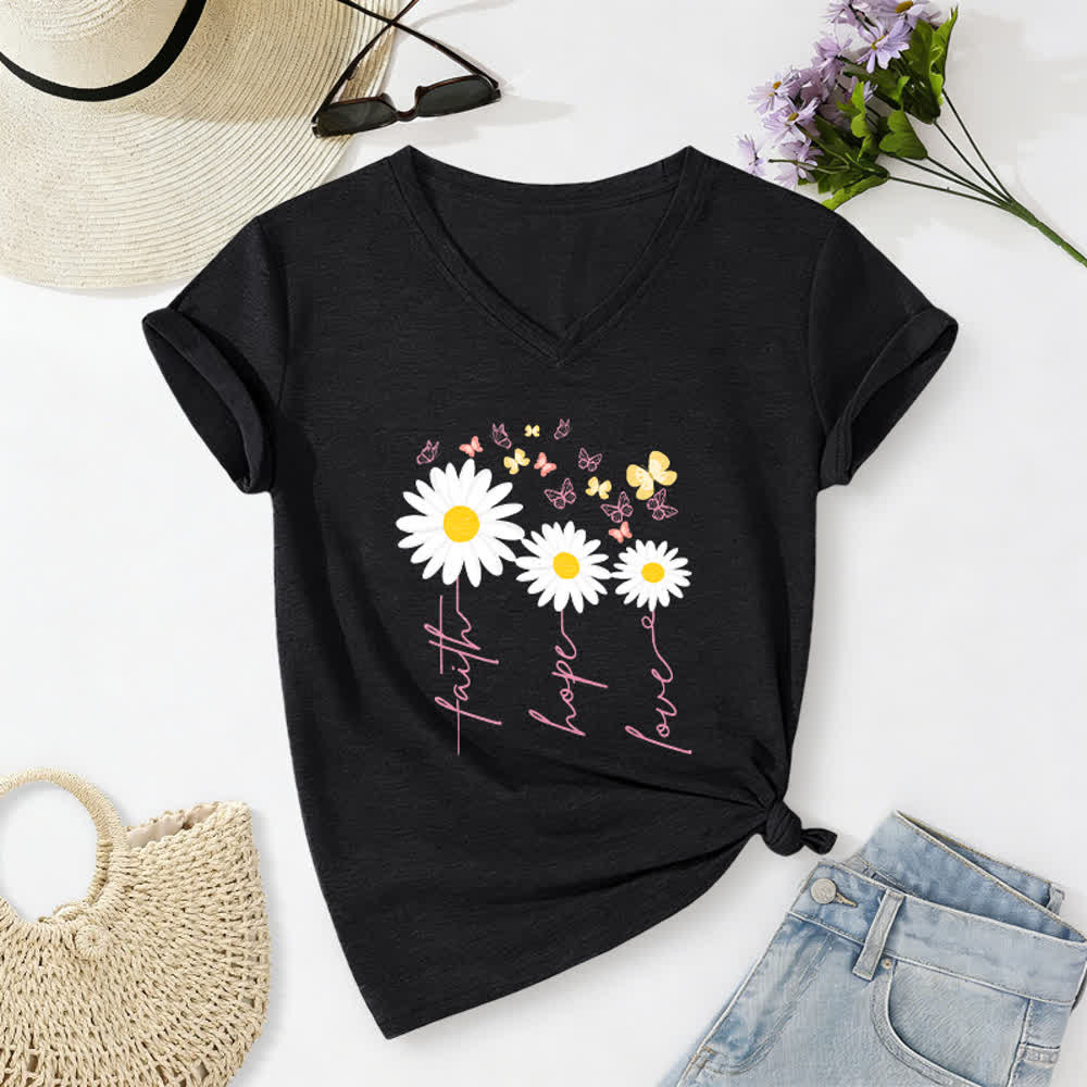 Christianartworkshop Faith Hope Love Daisy Butterfly Floral Print Casual V-neck T-shirt - Black - 2XL - image 14