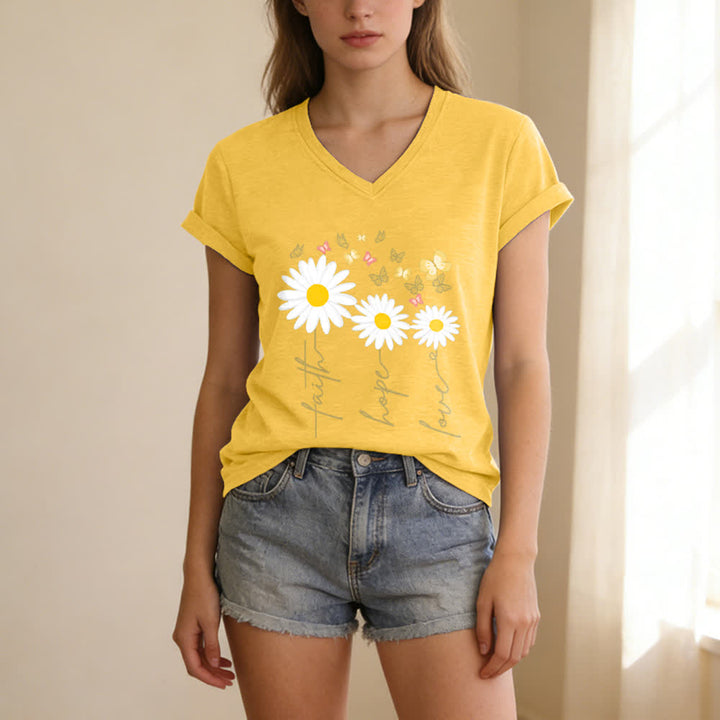Christianartworkshop Faith Hope Love Daisy Butterfly Floral Print Casual V-neck T-shirt - image 25