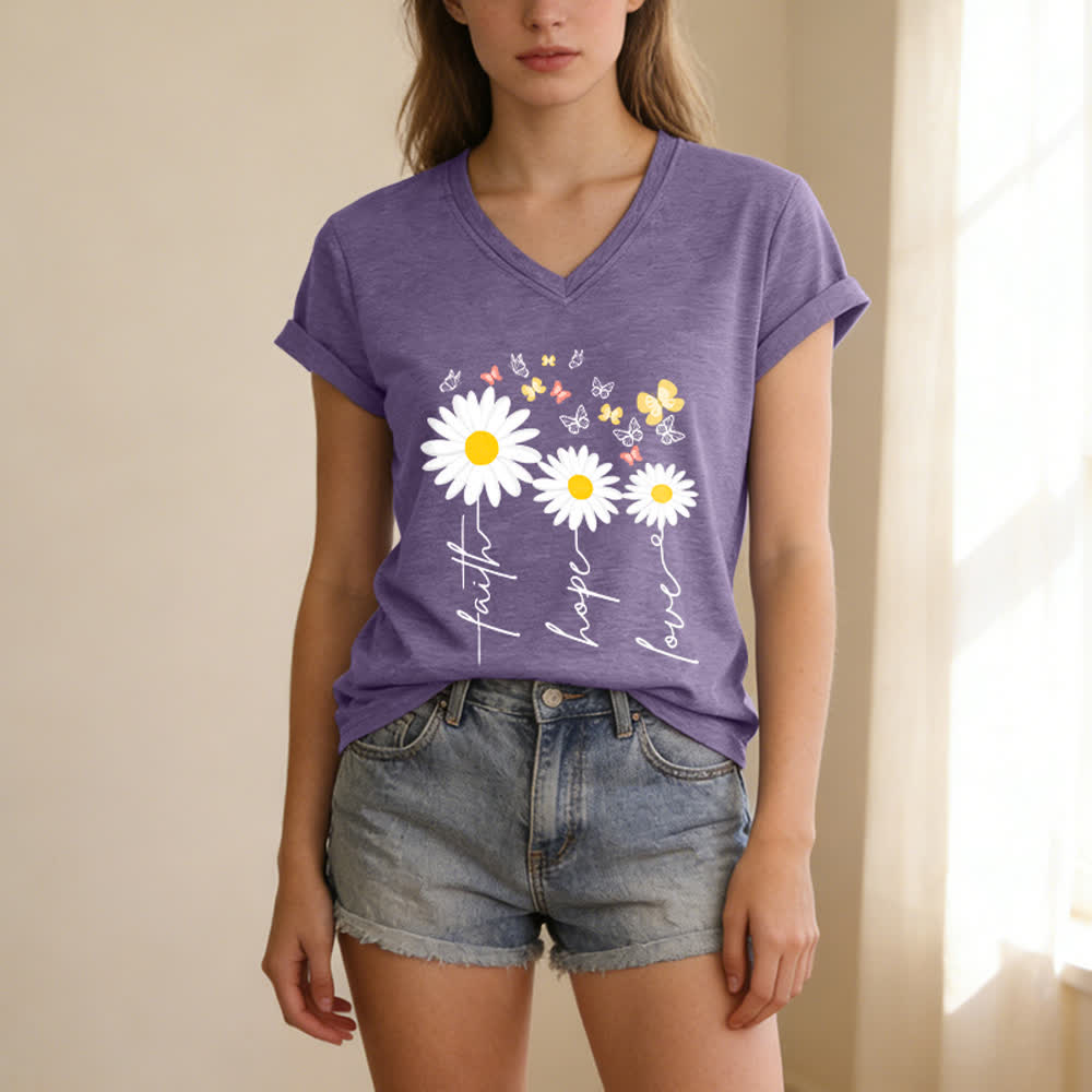 Christianartworkshop Faith Hope Love Daisy Butterfly Floral Print Casual V-neck T-shirt - image 1