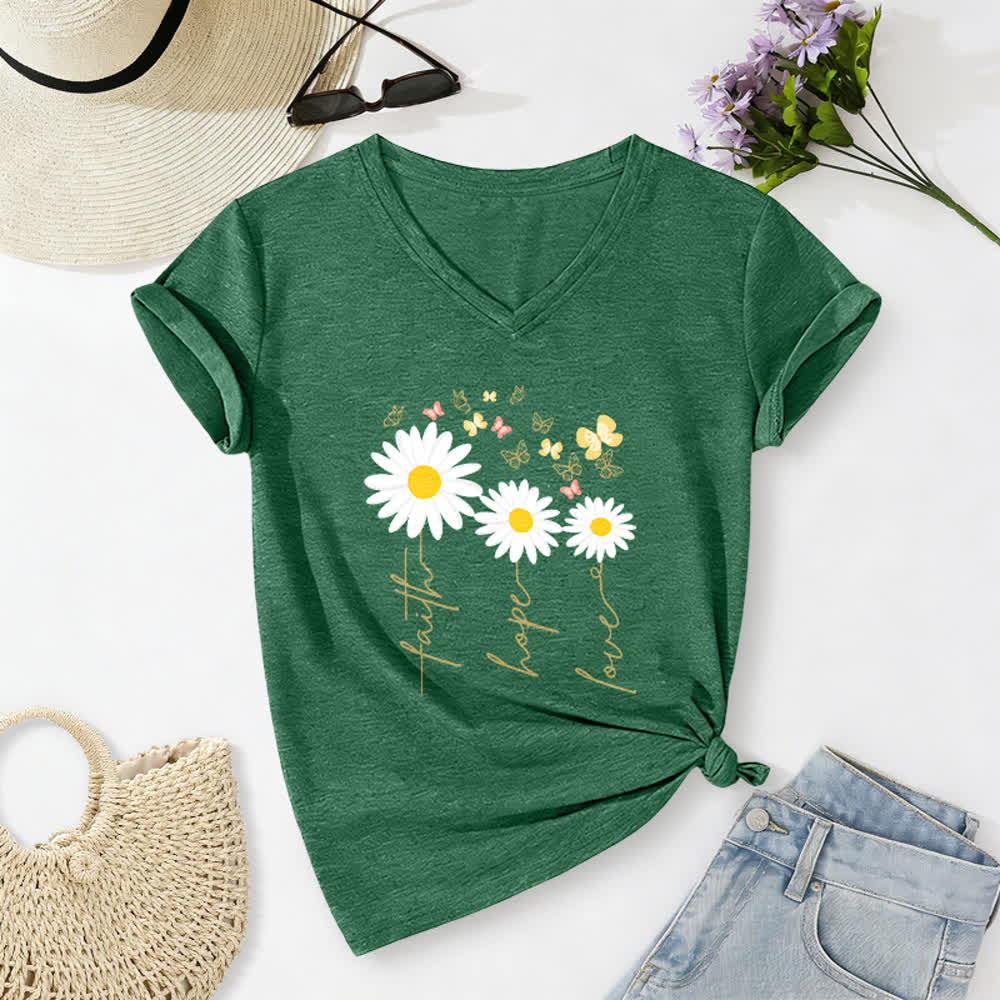 Christianartworkshop Faith Hope Love Daisy Butterfly Floral Print Casual V-neck T-shirt - Dark Green - 2XL - image 12