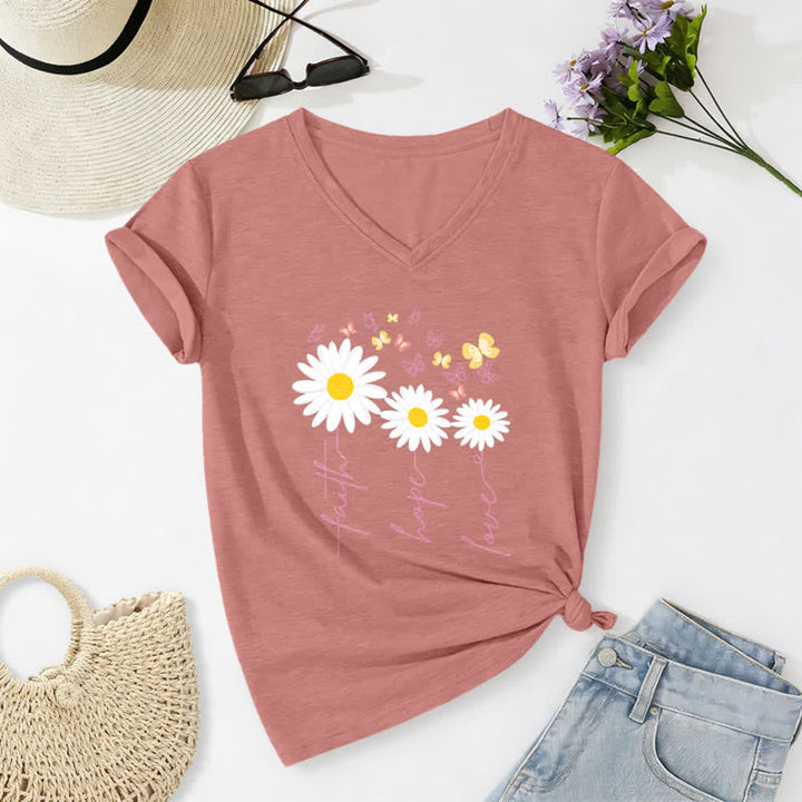 Christianartworkshop Faith Hope Love Daisy Butterfly Floral Print Casual V-neck T-shirt - Light Pink - 2XL - image 18