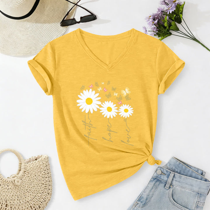 Christianartworkshop Faith Hope Love Daisy Butterfly Floral Print Casual V-neck T-shirt - Yellow - 2XL - image 24