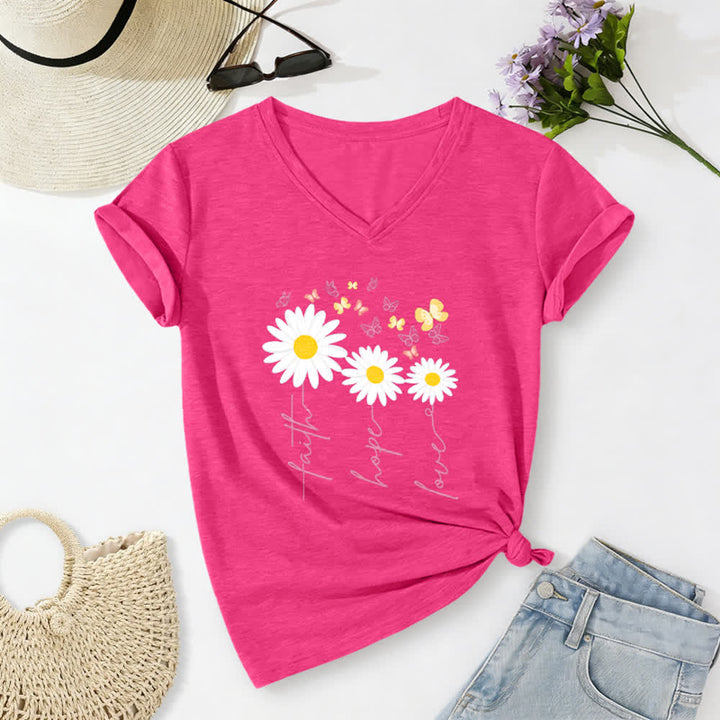 Christianartworkshop Faith Hope Love Daisy Butterfly Floral Print Casual V-neck T-shirt - Rose - 2XL - image 22
