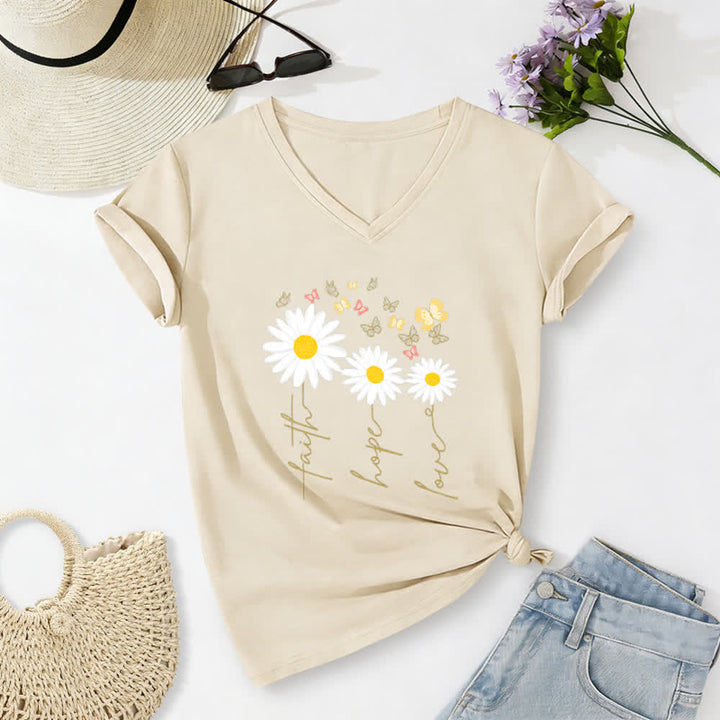 Christianartworkshop Faith Hope Love Daisy Butterfly Floral Print Casual V-neck T-shirt - Beige - 2XL - image 2