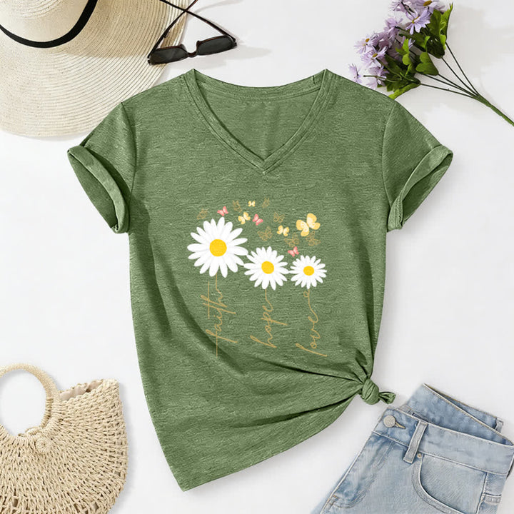 Christianartworkshop Faith Hope Love Daisy Butterfly Floral Print Casual V-neck T-shirt - Olive Green - 2XL - image 8