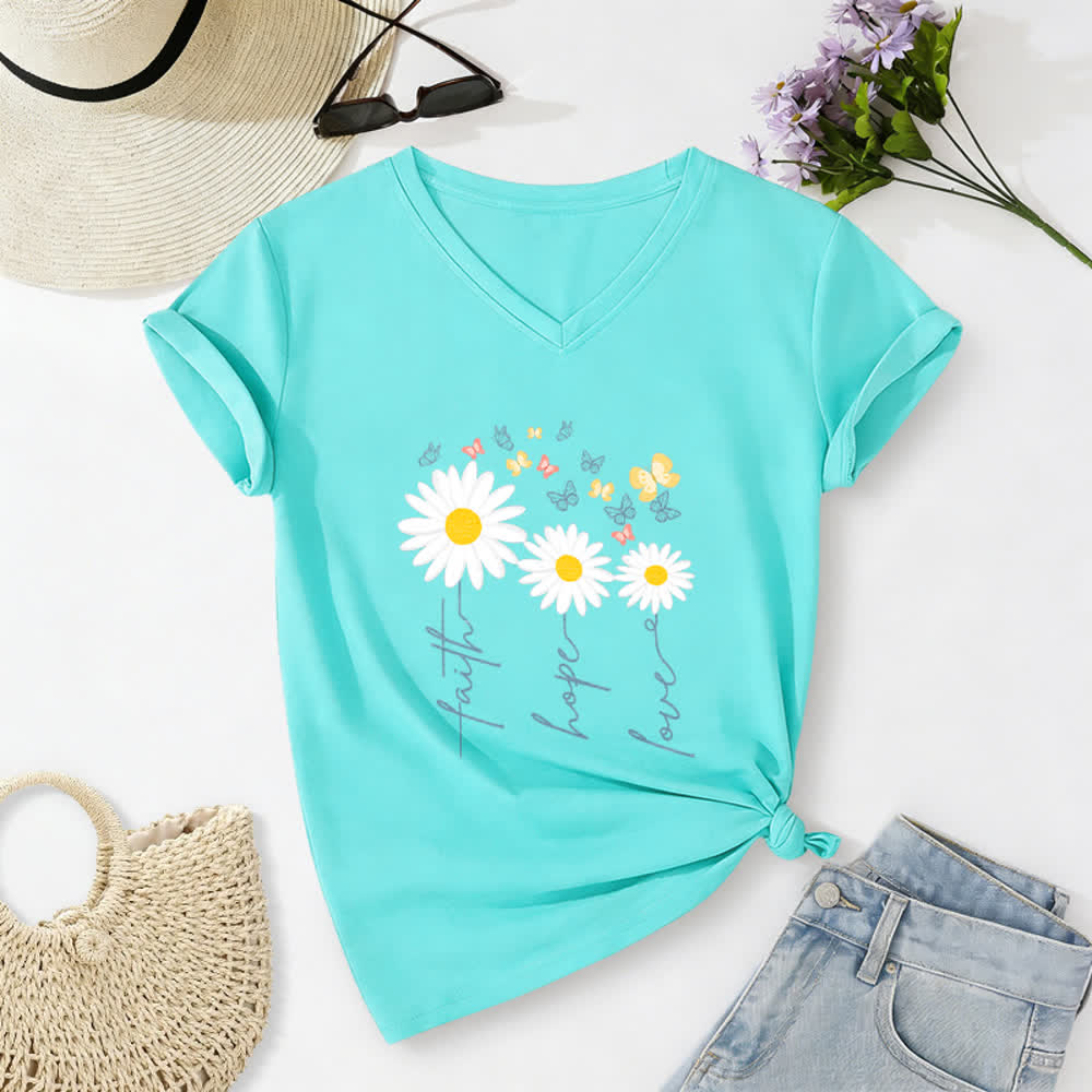 Christianartworkshop Faith Hope Love Daisy Butterfly Floral Print Casual V-neck T-shirt - Sky Blue - 2XL - image 20