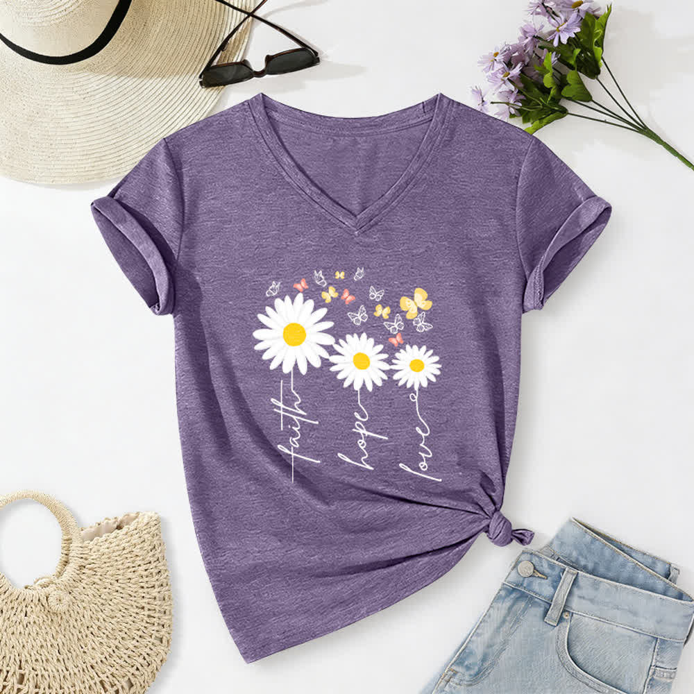 Christianartworkshop Faith Hope Love Daisy Butterfly Floral Print Casual V-neck T-shirt - Purple - 2XL - image 0