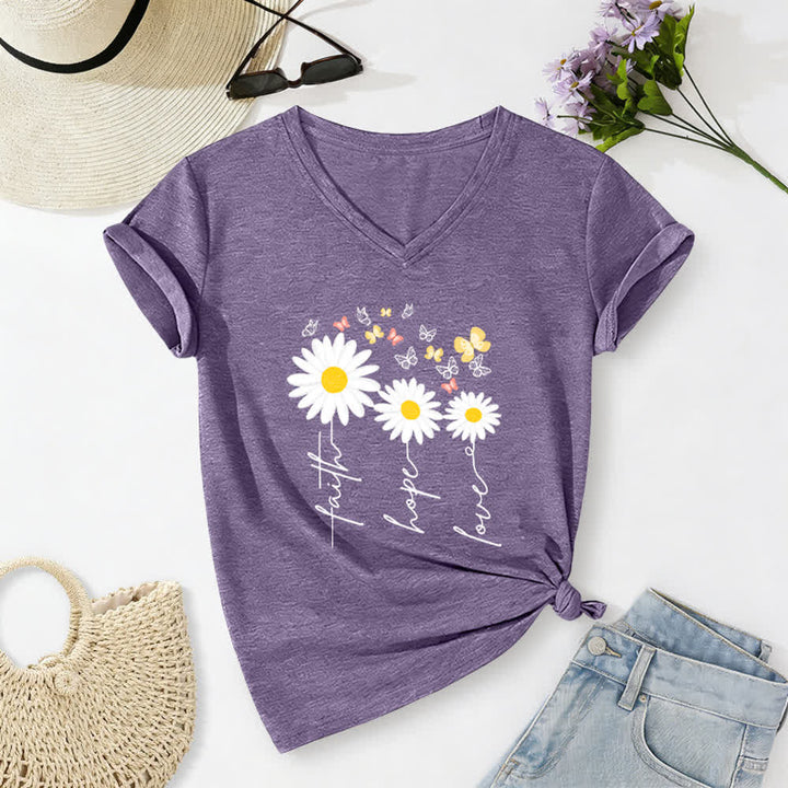 Christianartworkshop Faith Hope Love Daisy Butterfly Floral Print Casual V-neck T-shirt - Purple - 2XL - image 0