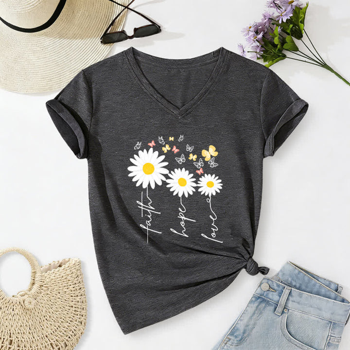 Christianartworkshop Faith Hope Love Daisy Butterfly Floral Print Casual V-neck T-shirt - Dark Grey - 2XL - image 6
